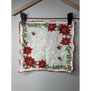 Vintage Christmas Hankerchief Poinsettias‎ Cotton Scalloped Edge